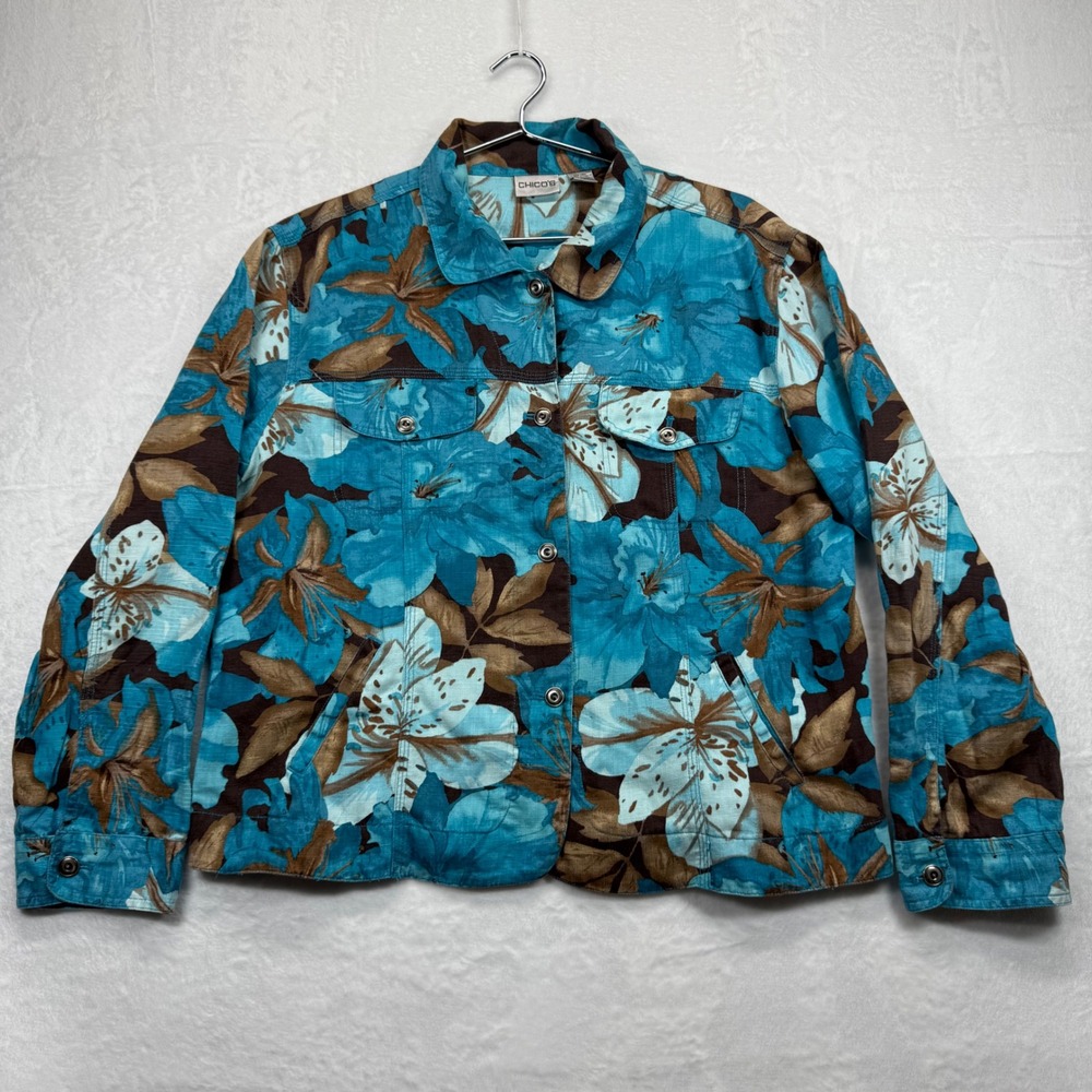 Chico's Floral Print Button Down Jacket Lightweight Linen Blend Size 2 US‎ L